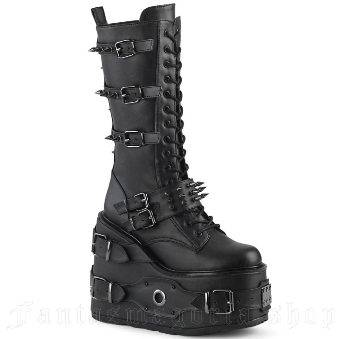 SWING-327 Women's Faux Leather Buckled Platform Mid-calf Boots - Demonia Cult