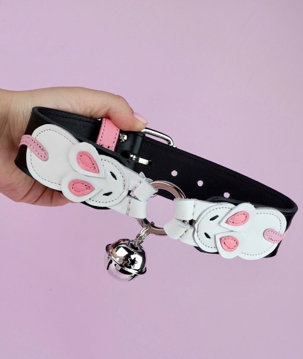 Handmade Black Leather Collar with Rats - Pink