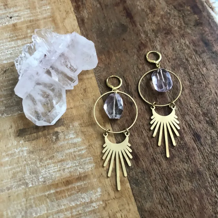 Brass sunburst earrings with amethyst
