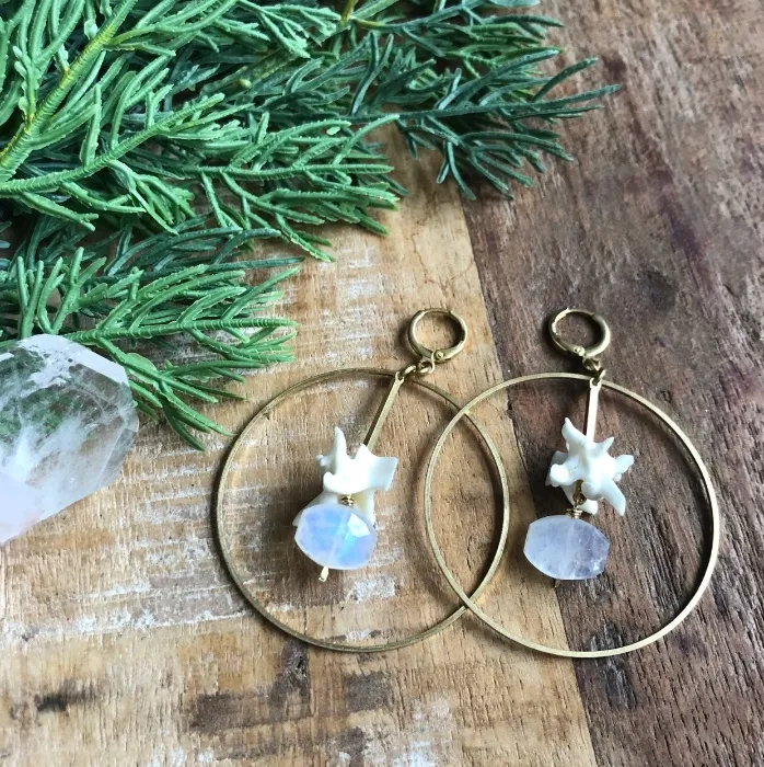 Rainbow moonstone and snake vertebrae earrings