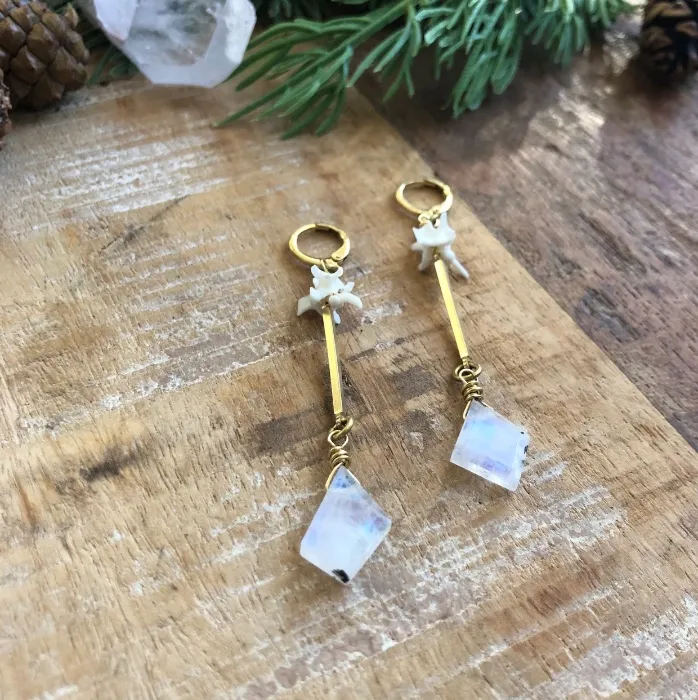 Rainbow moonstone and snake vertebrae earrings