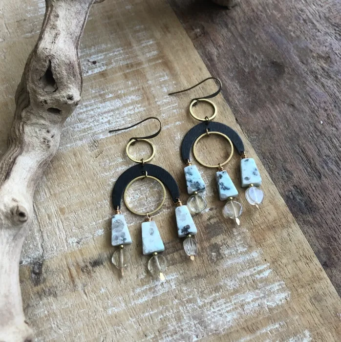 Black and brass statement earrings with sesame jasper and citrine