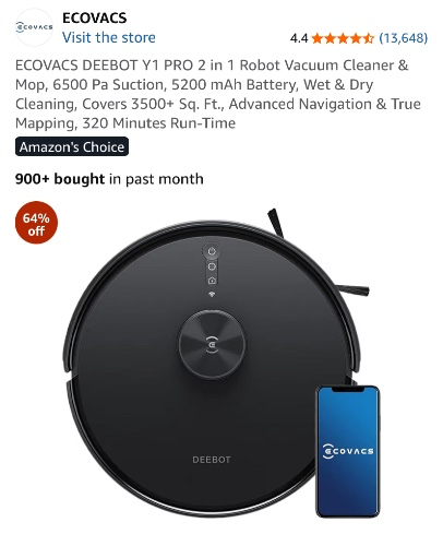 ECOVACS DEEBOT Y1 PRO 2 in 1 Robot Vacuum Cleaner & Mop, 6500 Pa Suction, 5200 mAh Battery, Wet & Dry Cleaning, Covers 3500+ Sq. Ft., Advanced Navigation & True Mapping, 320 Minutes Run-Time : Amazon.in: Home & Kitchen