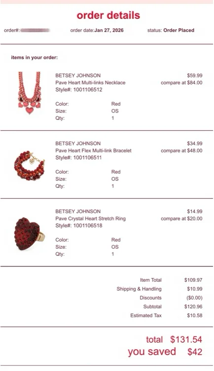 Reimbursement for Betsey Johnson Valentines Jewelry set