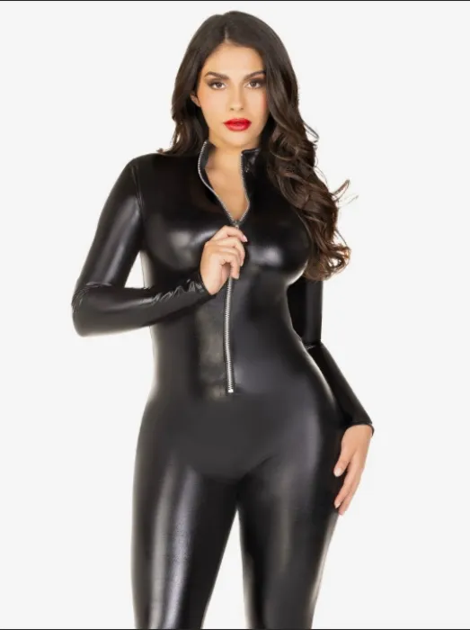 Plus Wet Look Leather Catsuit - Costume Clothing - Black / 3X/4X