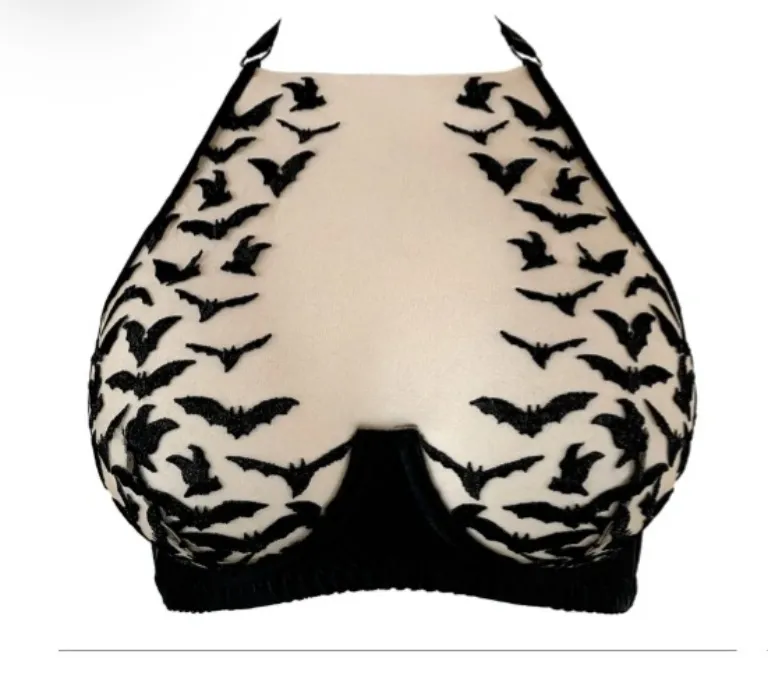 Italian Gothic Couture Embroidery Bra Bats Open Cups