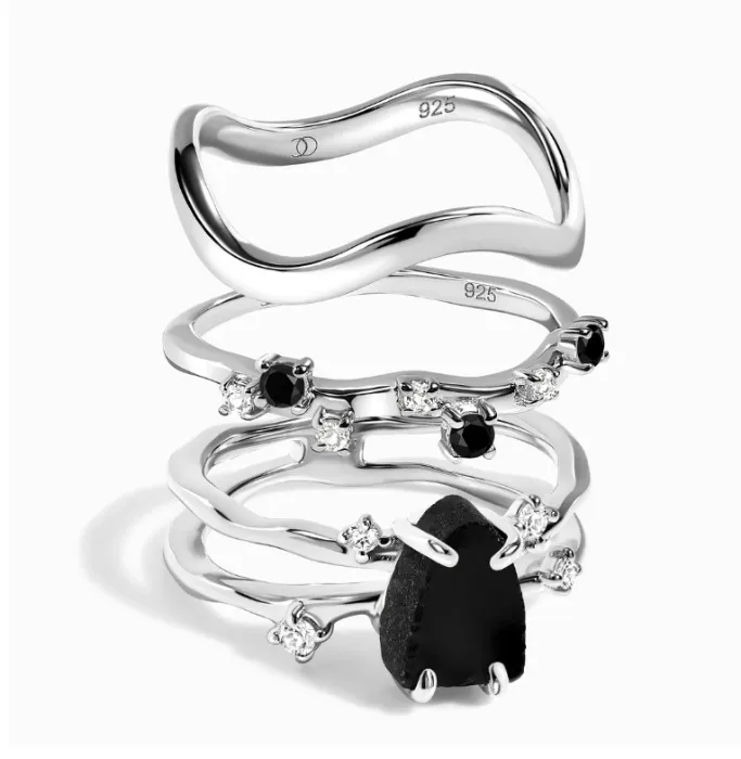 Black Obsidian Flow & Stardust & Waves Rings
