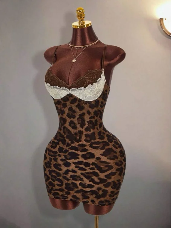 Amplova Y2K Sexy Lace Patchwork Sleeveless Bodycon Mini Dress With Brown Print, Adjustable Shoulder Straps, For Women Club Party Night Night Out Summer