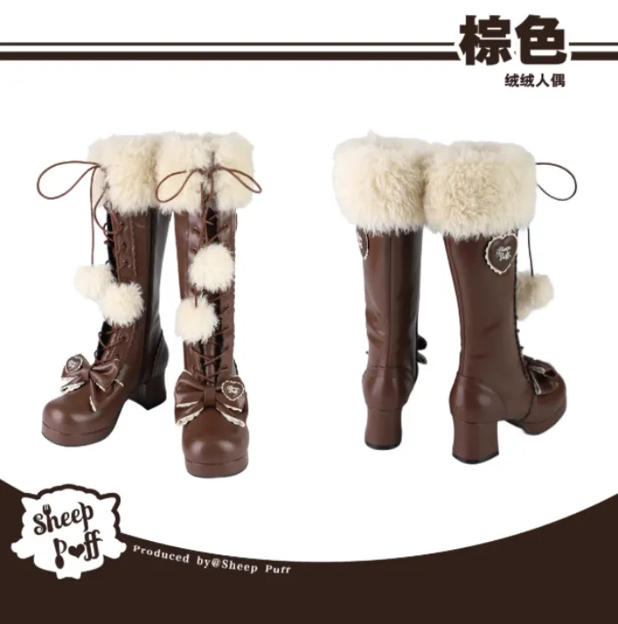 【in stock】fluffy plush sheep puff lolita cute retro autumn/winter high heel boots