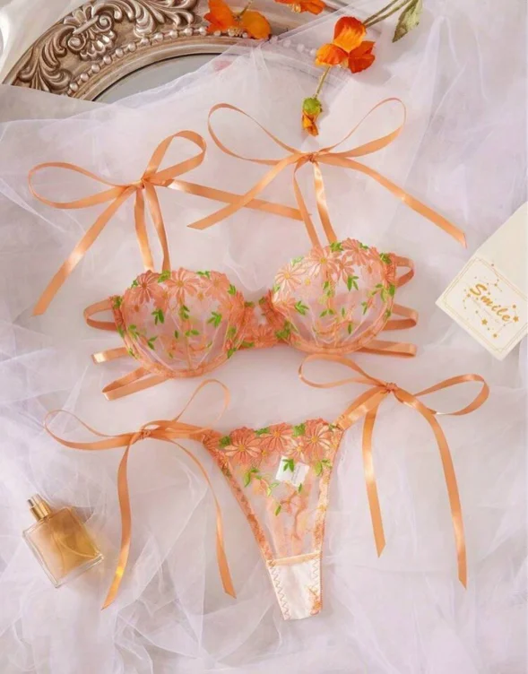 Orange Embroidered Lingerie
