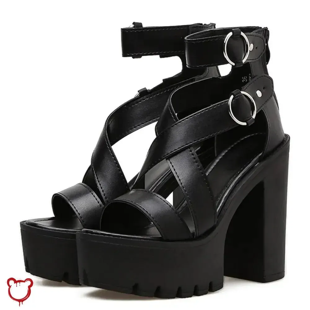 Black Goth Strap Shoes' - black
