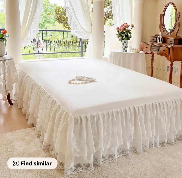 French Princess Fitted Bed Skirt, Elegant All-Season Washable Versatile Mattress Protector, Suitable for Bedroom, Guest Room, Hotel, Dorm Decor Decoration - White, US Queen