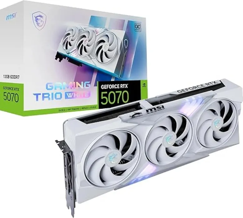 MSI GeForce RTX 5070 12G Gaming Trio OC White Graphics Card - RTX 5070 GPU, 12GB GDDR7 (28Gbps/192-bit), PCIe 5.0 - TRI FROZR 4 (3 x STORMFORCE Fan) - RGB - HDMI 2.1b, DisplayPort 2.1b: Graphics Cards: Amazon.com.au