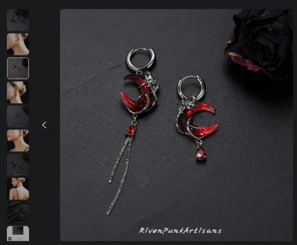Gothic Blood Moon Earrings: Asymmetrical Rose Crescent Dangle, Black Red Crystal Vampire Jewelry