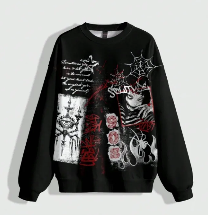 ROMWE Anime Sudadera de cuello redondo de manga larga con gráfico de niña