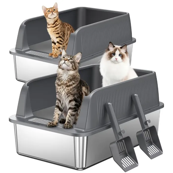 XL Stainless Steel Cat Litter Box with High Sides (x2)