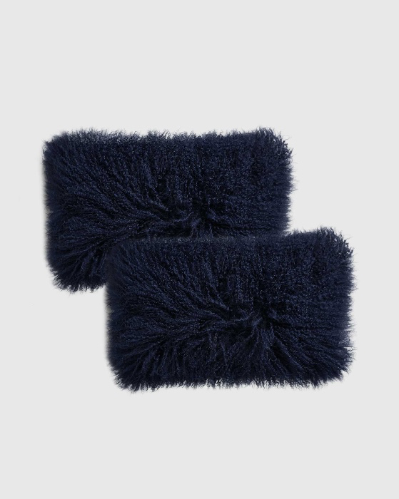 Luxe Mongolian Lamb Lumbar Pillow Cover (Set of 2) in Indigo Blue | 12x20