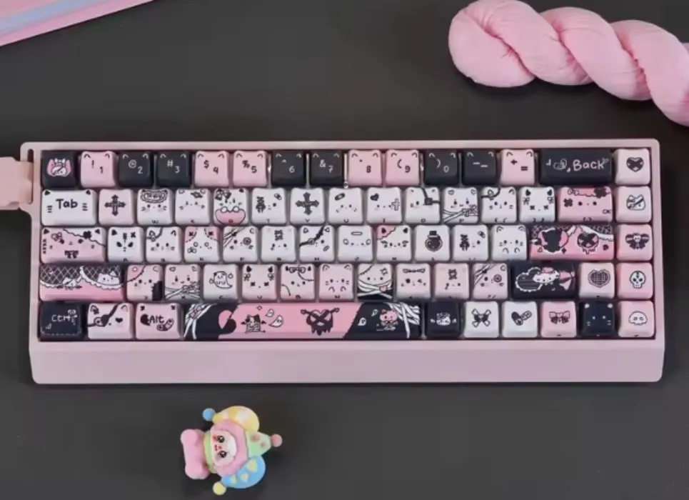 Cute Gothic Cat Theme Keycaps 130 Keys PBT Cherry Profile Keycap Custom Pink Anime Gaming Key Caps for Mechanical Keyboard Gift