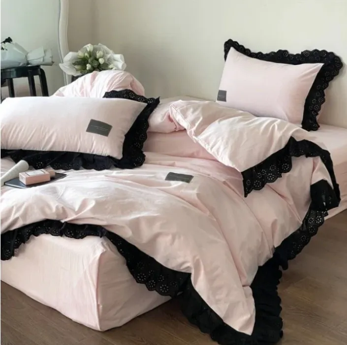 Strawberry Black Lace Ruffle Bedding Bundle