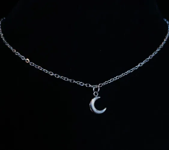 Stainless Steel Tiny 3D Small Crescent Moon Silver Tone or Chromatic Aura Short Necklace Pendant Amulet Lunar Luna Symbolic Occult Goth Rain