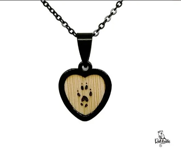 Rat Paw Heart Pendant with Wooden Engraving – Eucalyptus or Bamboo, Stainless Steel Chain