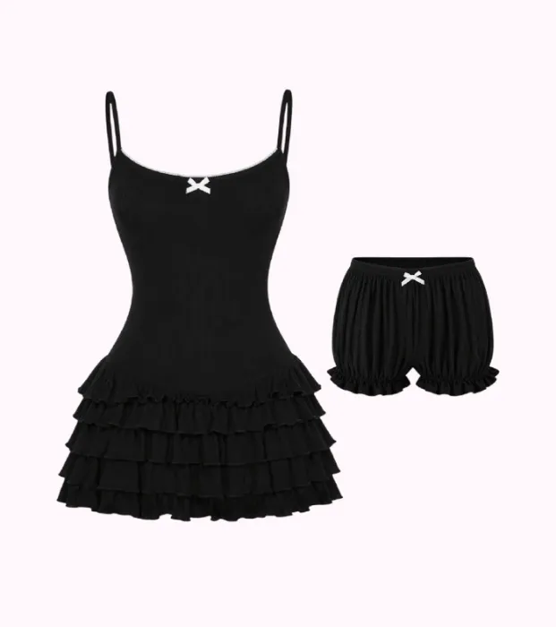 Serafina Ruffles Mini Dress + Bloomer Shorts Set (Black)
