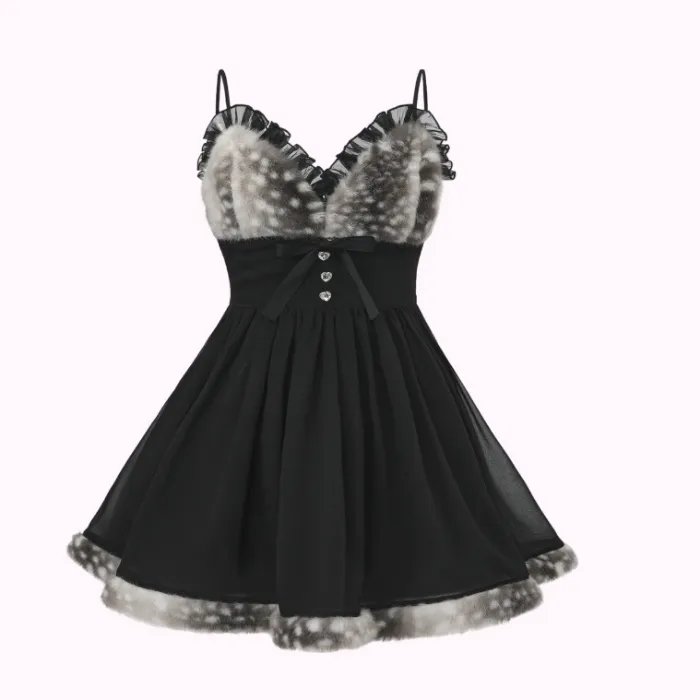 Bambi Princess Fur Chiffon Babydoll Dress (Black)