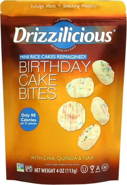 Drizzilicious Birthday Cake Mini Rice Cakes - 4oz (113g) Single Pack | Sinless Chocolatey Snack Bites - Rice Crisps Reinvented | Gluten-Free, Kosher Certified, Dairy-Free