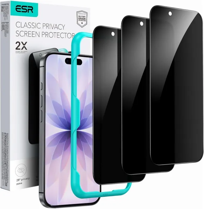 ESR 3-Pack of Privacy Tempered Glass Screen Protectors for iPhone 17/iPhone 16 Pro, Military-Grade, Shatterproof, and Privacy Protection, Complete with Installation Tool