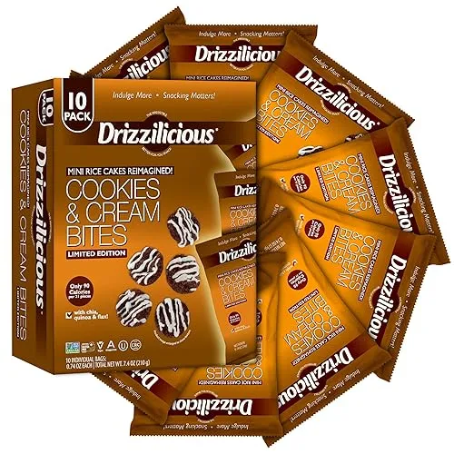 Drizzilicious Cookies & Cream 10 Pack | Mini Snack Chocolatey Rice Cakes | Vegan Air Popped Chia, Quinoa, Flax Snacks