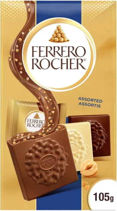 FERRERO ROCHER Premium Hazelnut Assorted chocolate squares, 10 Individually Wrapped Chocolates, Great for Sharing or Gifting, 105g