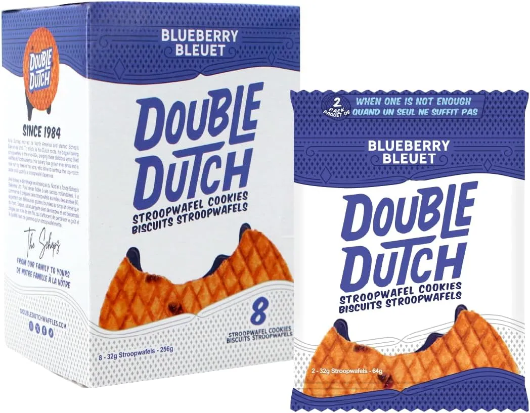 Double Dutch Stroopwafel Cookies – 2 Pack - 16 Waffles – Caramel, Blueberry, Vanilla, Chocolate Salted (16 Count, Blueberry)