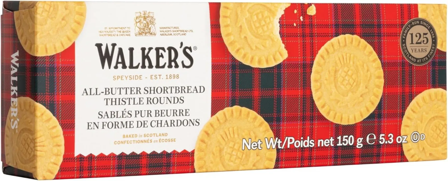 Walkers All-Butter Shortbread Thistle Rounds, Butter Cookies, Crumbly, Crunchy and Delicious - 150g