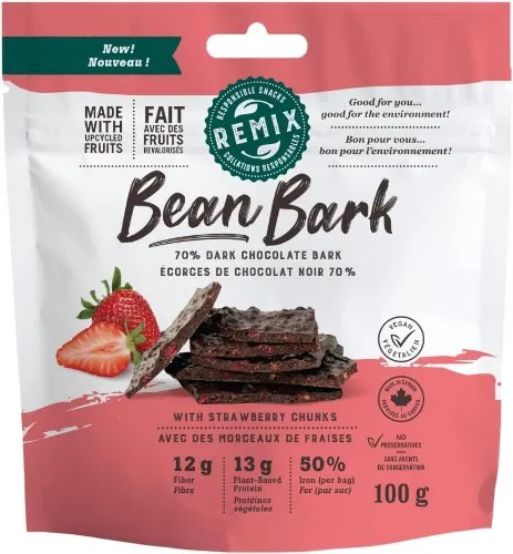 Remix Snacks Bean Bark with Strawberry, Dark (70% Cacao) Dark Chocolate Snack, Made with Black Beans and Upcycled Fruit High-protein, High-fibre, Vegan, Canadian, 100g