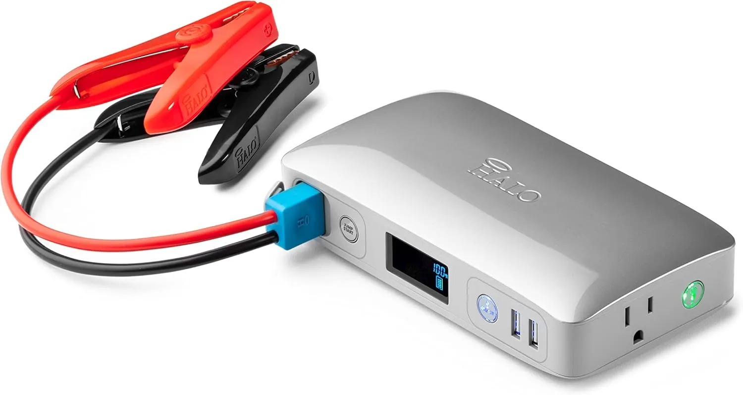 Halo Bolt ACDC Max 55500 mWh - Portable Phone Laptop Charger Car Jump Starter with Outlet, LCD Display, Flood Light and Car Charger - Platinum
