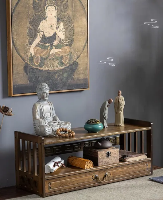 Altar Table with Drawer,Puja Table for Home,Perfect Used for Meditation, Prayers, Bamboo Furniture for Displaying Jars, Plants and Books (Walnut Color, 27.2x9.8x11 in, with Incense Burner 5Pcs Set) - 69CM - Walnut Color