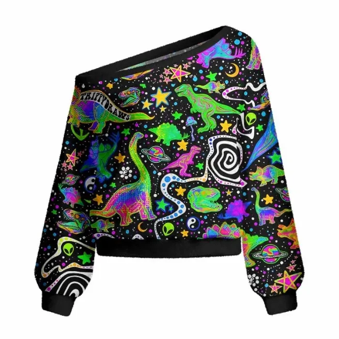 Soulisfree Cosmic Dino Trip Fuzzy Off-Shoulder Sweater