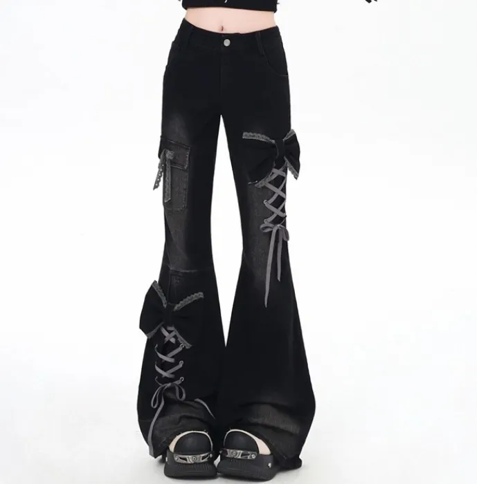 Y2K Flare Silhouette Jeans with Bow Accents & Lace-Up Detail