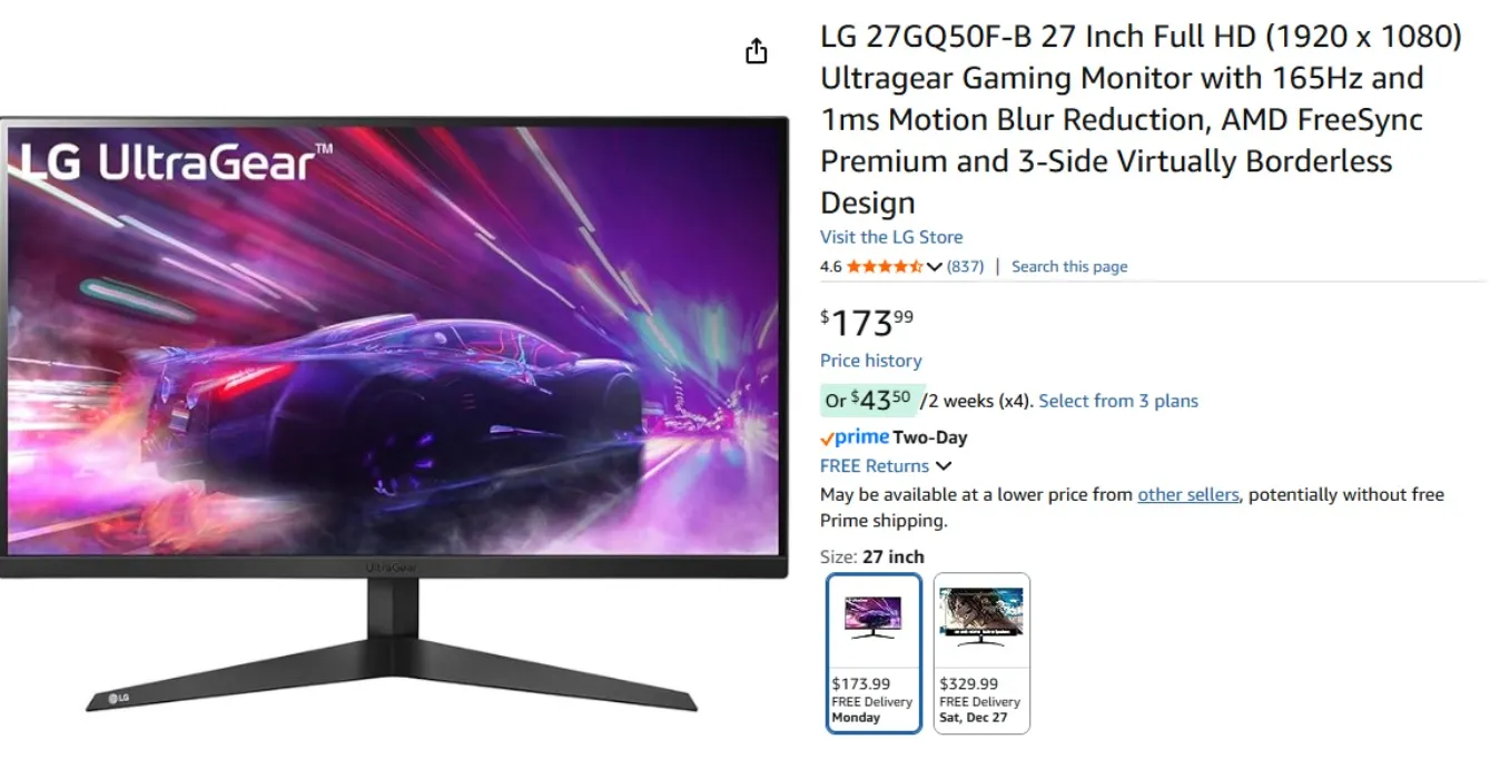 LG 27GQ50F-B 27 Inch Full HD (1920 x 1080) Ultragear Gaming Monitor with 165Hz and 1ms Motion Blur Reduction, AMD FreeSync Premium and 3-Side Virtually Borderless Design