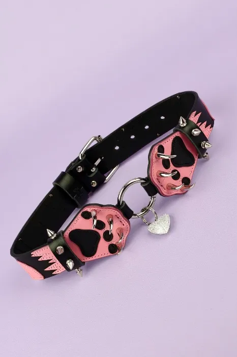 Pink-black Collar in the form of paws, furry collar, choker