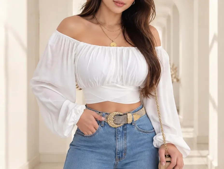 Off Shoulder Puff Sleeve Crop Top