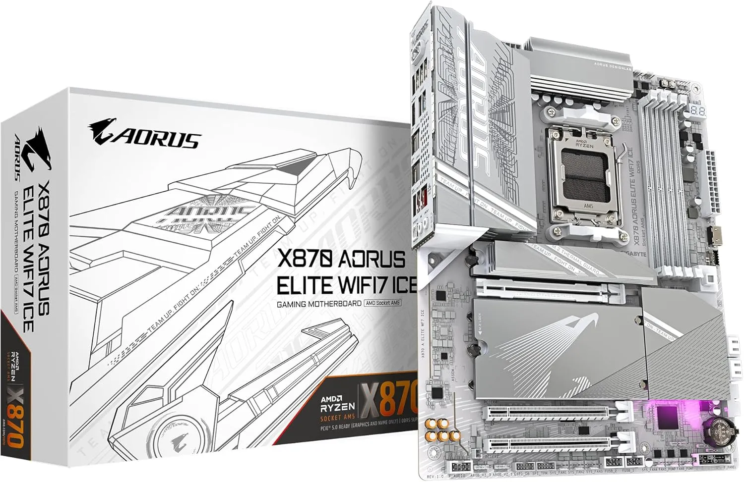 GIGABYTE X870 AORUS ELITE WIFI7 ICE Motherboard - Supports AMD Ryzen 9000 CPUs, 16+2+2 Phases Digital VRM, up to 8000MHz DDR5 (OC), 3xPCIe 5.0, Wi-Fi 7, 2.5GbE LAN, USB 4