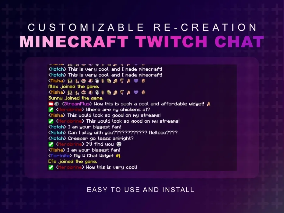 Chat Twitch Minecraft | Parfait pour les diffusions en direct Minecraft | Sentiment de nostalgie | Immerger le chat dans le jeu | Compatible avec Twitch OBS Streamelements par StreamPlus