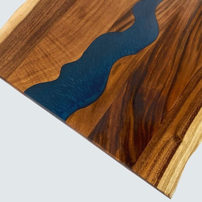 6 ft. L x 38 in. D UV Finished Saman Solid Wood Butcher Block Countertop Island with Live Edge and Blue Epoxy River