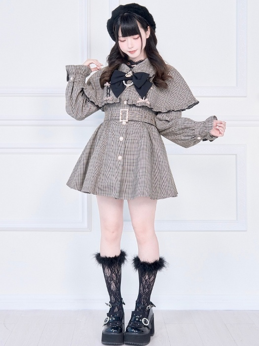 Jirai Kei Brown Plaid Cape Coat with Buckle Belt & Bow Tie