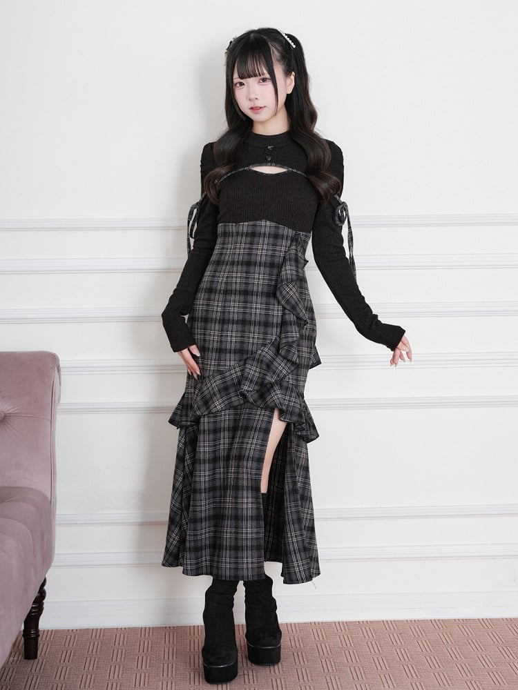 Black Jirai‑Kei Faux Two‑Piece Plaid Knit Long Sleeve Dress with Ruffle Details and Hem Slit