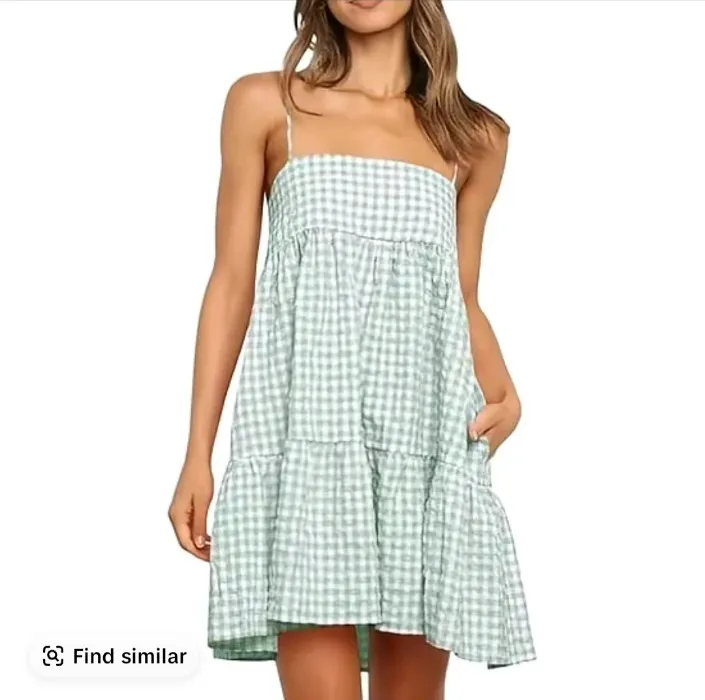 Wenrine Women's Summer Plaid Mini Dress Casual Spaghetti Strap Sleeveless A Line Beach Sundress with Pockets