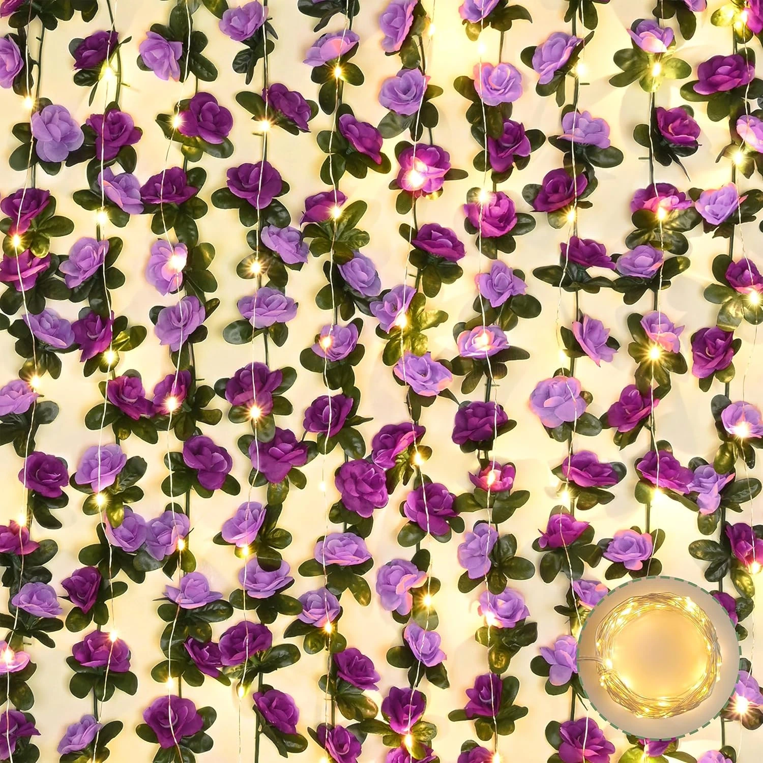 Flower Garland Vines with String Lights - Purple