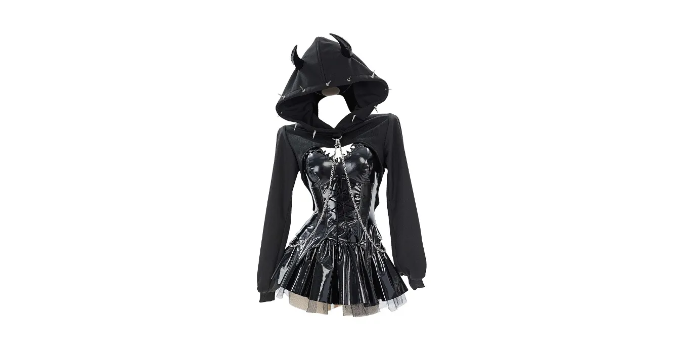 MEOWCOS Hoodie Corset Top Mini Skirt Set Gothic Halloween Dress Punk PU Leather Casual Party Dress - Black - Medium