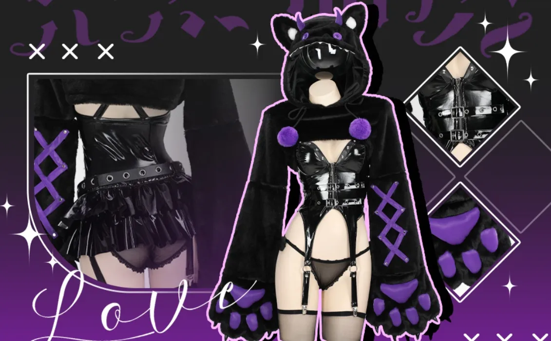 MEOWCOS Paw Hoodie Top Set Gothic Corset Top and Mini Skirt with Thigh High Stocking - Black - Medium